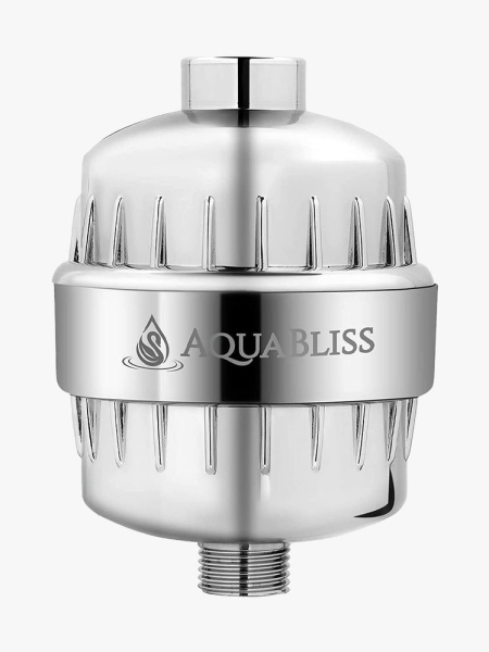 AquaBliss High Output Revitalizing Shower Filter in branded component on a light gray background