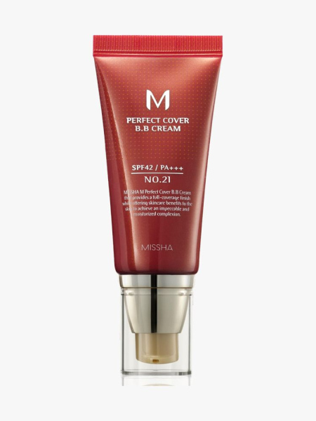Missha M Perfect Cover BB Cream in branded tube component on a light gray background