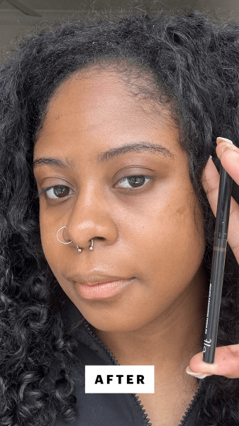 Curry after applying the e.l.f. Cosmetics No Budge Retractable Eyeliner in Coffee